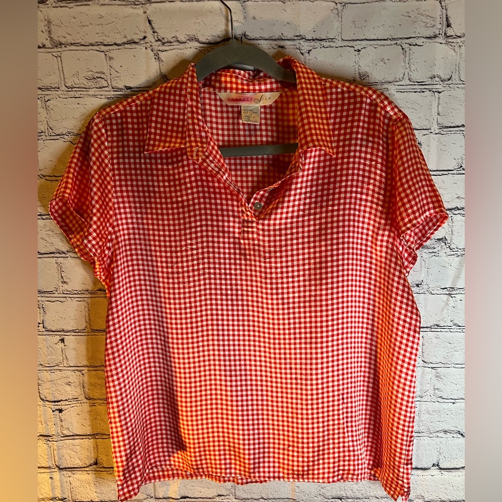 Express Red and White Short Sleeve Polo Blouse